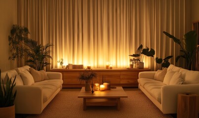 Cozy living room bathed in warm light