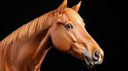 Close-up portrait of a brown horse's head and neck. the horse is facing towards the right side of the image, with its head turned slightly to the left.