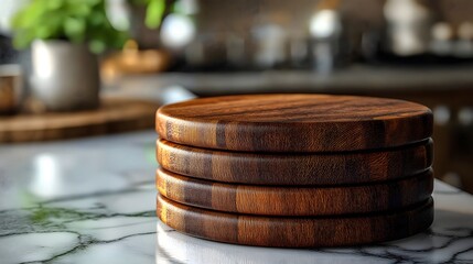 Stacked Wooden Coasters on Marble Countertop in Modern Kitchen