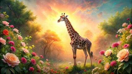 Fototapeta premium Serene Giraffe in a Vibrant Floral Meadow at Sunset's Golden Hour