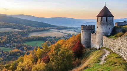 Obraz premium An ancient castle overlooking a colorful landscape at dusk