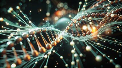 A captivating digital representation of DNA strands, showcasing intricate details and a vibrant interplay of colors and light.