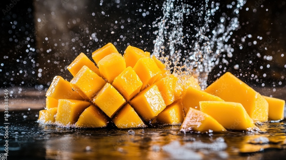Poster freshly cut mango cubes are being splashed with flowing clear water