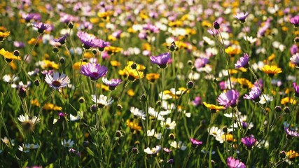 Multicolored wildflowers softly waving in gentle wind, creating vibrant landscape of natural beauty with sunlight dancing across delicate blossoming petals and lush green vegetation