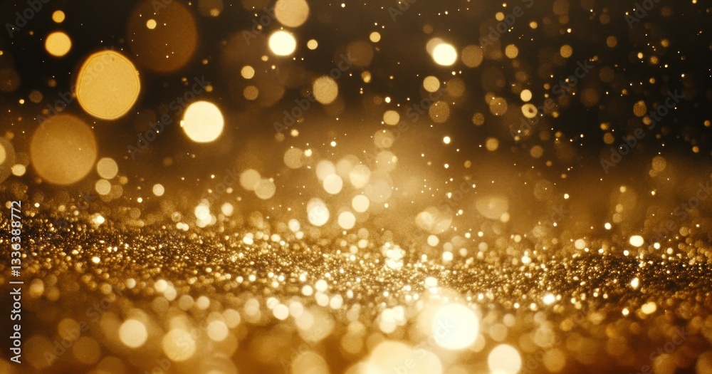 Poster shimmering golden particles with defocused highlights across the scene