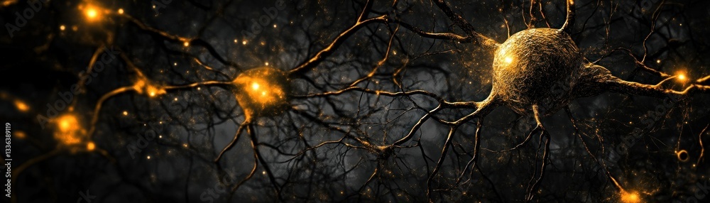 Poster Illuminated microscopic neurons displaying interconnected neuronal networks and fibers