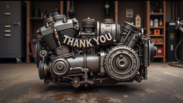 Vintage Motorcycle Engine Model with Thank You Inscription in Workshop Setting