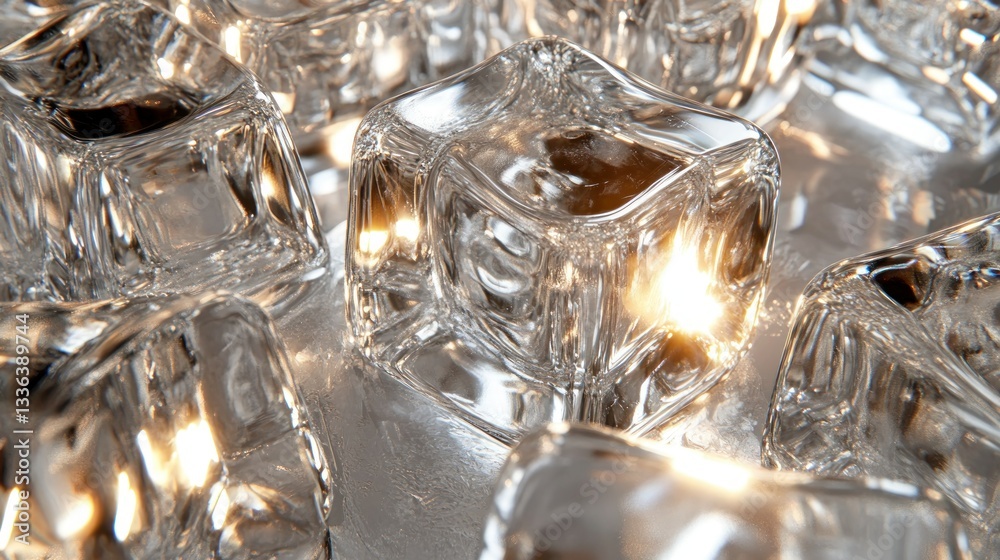 Poster close up view of many transparent ice cubes together