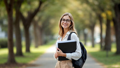 Fototapeta premium Smiling student with glasses on a path holding a folder