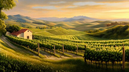 Naklejka premium Serene Vineyard Landscape Rolling Hills Sunset Winery Farm House