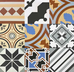 Obraz premium Colonial heritage patterned tiles in random floral, star, ornamental, engraving, and other abstract patterns. Handmade colonial tiles, or old heritage tiles in various colorful paint colors. Seamless 