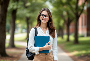 Fototapeta premium A female student with glasses on a tree-lined path holding a folder with some papers