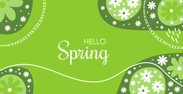 Hello Spring retro background banner with abstract wildflower meadows, green and white vector illustration 