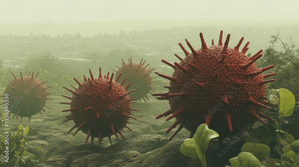 Poster Several large red spherical objects sit within a natural setting