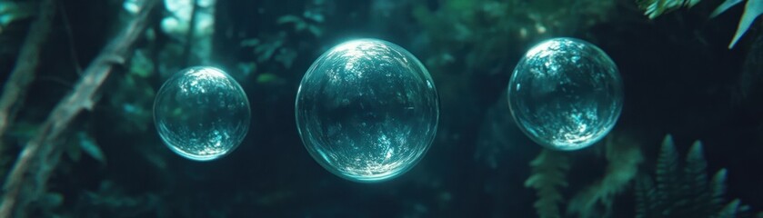 Three Glowing Spheres Float Amidst Green Foliage in Nature