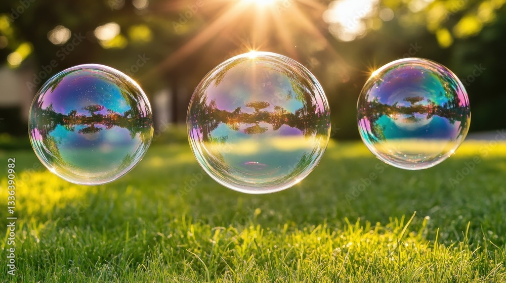 Poster three iridescent soap bubbles float gently above green grass