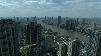 Aerial view showcasing a sprawling city with a flowing river running through
