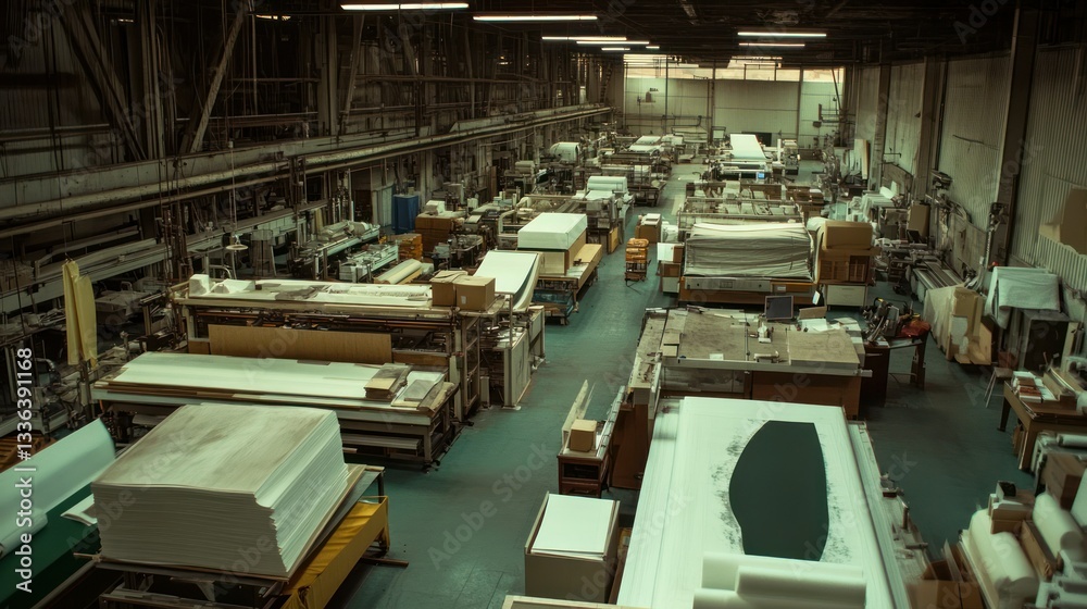 Poster an overhead view of an industrial factory setting with machinery