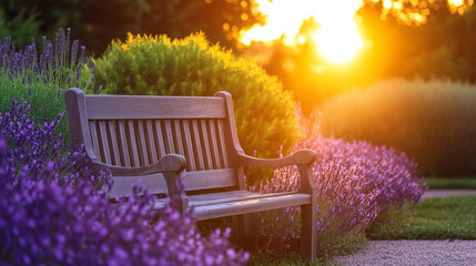 Sunlit wooden bench in a lush garden surrounded by vibrant purple flowers, creating a calming outdoor retreat.
