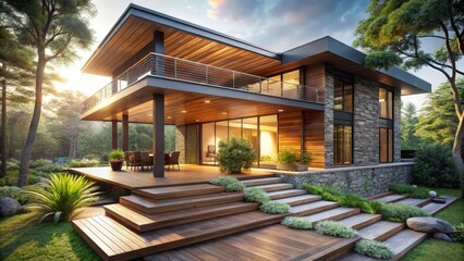 Fototapeta premium Modern Architectural Design Luxurious Two-Story Home with Expansive Deck and Landscaped Steps