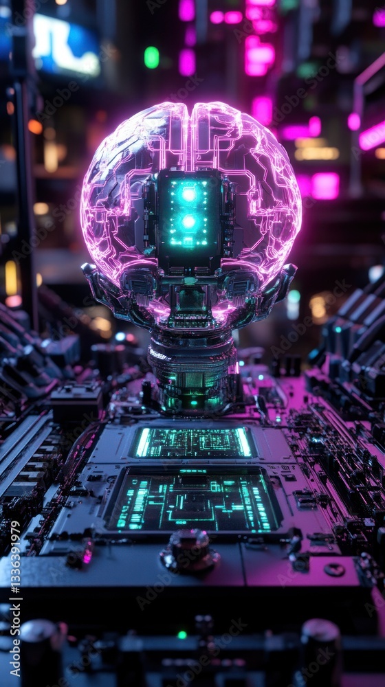 Poster a futuristic concept showcasing a glowing digital representation of a brain