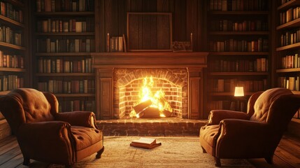 Two cozy armchairs face a warm fireplace in a library setting