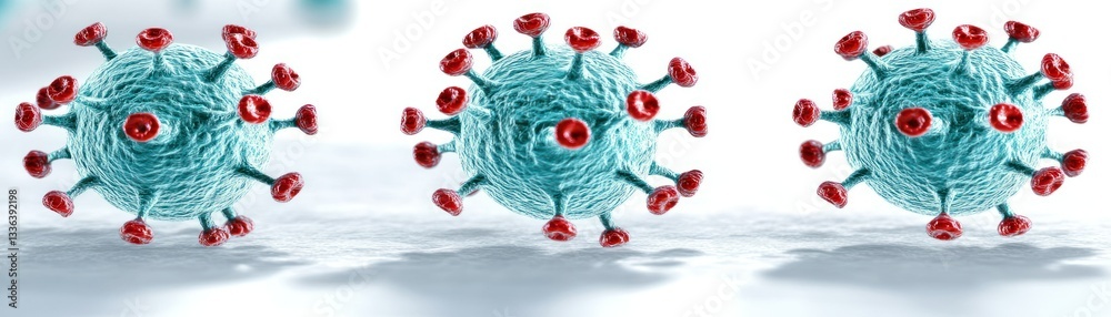 Poster three microscopic illustrations representing a viral structure in blue and red
