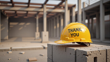 Yellow Hard Hat with Thank You Message at Construction Site