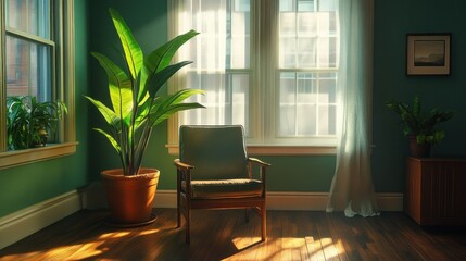 A sunny room with houseplants and a comfortable wooden chair