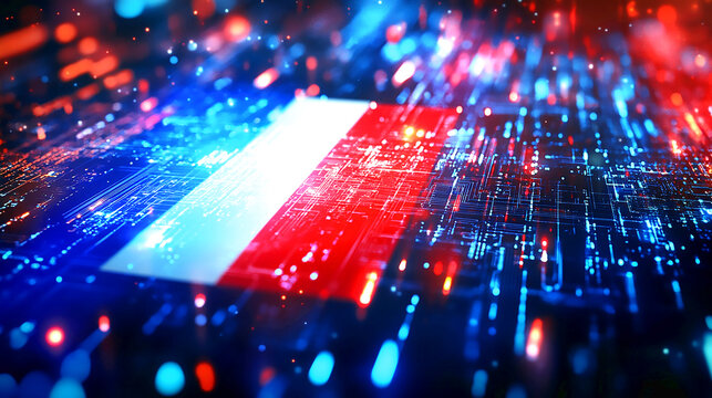 Abstract french flag digital circuit board technology background red blue data glow white light lines
