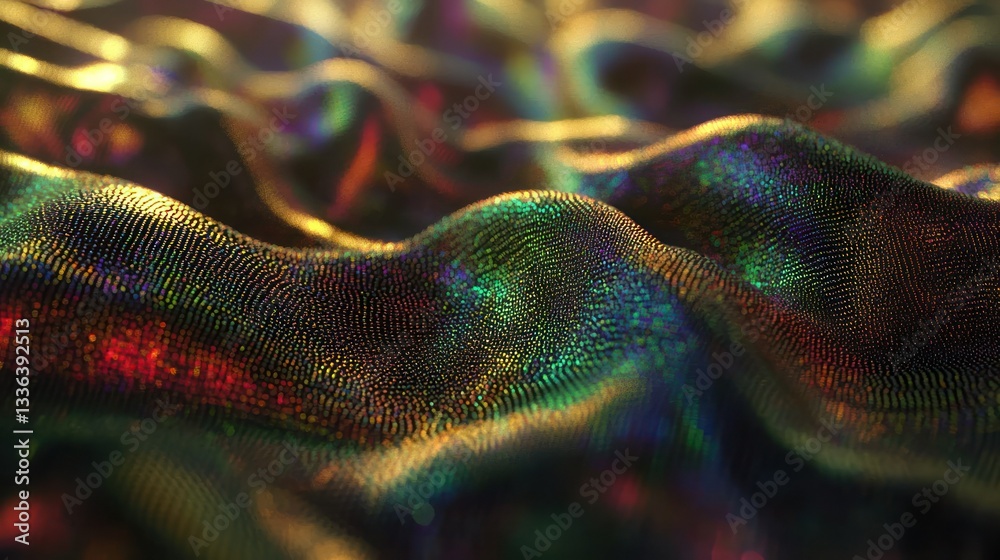 Poster Iridescent abstract surface with wavy textures and colorful light reflections