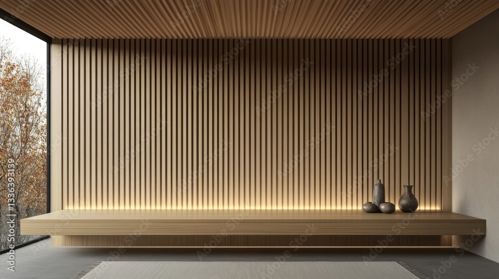 Poster a modern room with wooden walls and a floating shelf