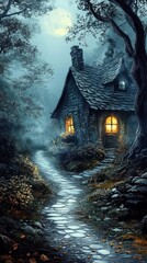 Enchanted stone cottage illuminated at night in a misty forest