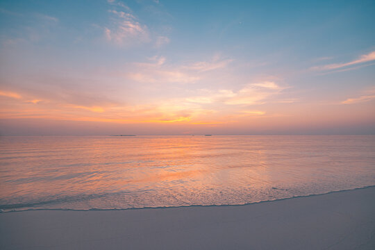 Serenity closeup sea sand beach. Amazing nature landscape. Inspire tropical beach seascape horizon. Orange gold sunset sky peaceful tranquil relaxing sunlight summer mood. Vacation travel holiday - Powered by Adobe