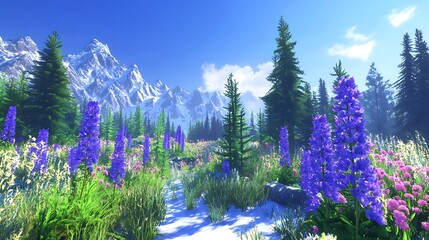 Alpine meadow blooms below snow-capped mountains, under clear sky. Outdoor scenery