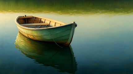 Obraz premium Serene Green Rowboat on Calm Water at Sunrise Peaceful Lake Scenery