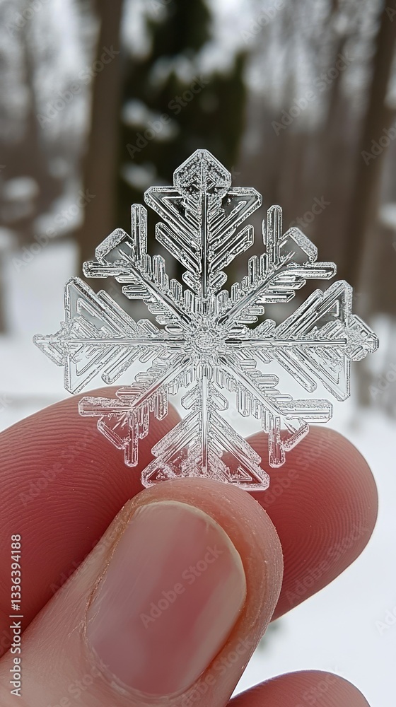 Poster a close up photograph shows a delicate snowflake in hand