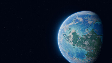 Planète habitable équivalente à la terre vue dans l'espace sur un fond étoilé noir.