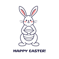 Easter character sitting bunny, rabbit, hare with painted egg. Vector flat design, outline illustration. Easter character icon, sticker. Happy Easter concept. Hare icon. Easter character coloring page