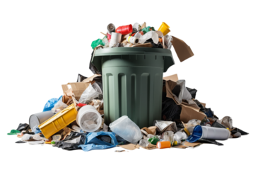 Overflowing trash can filled with various discarded items creating urban mess