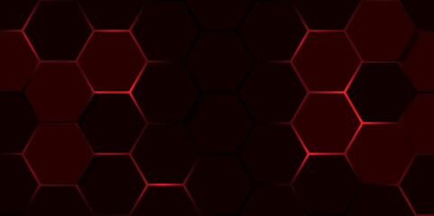Abstract Dark Tech Hexagonal Design with Red Light. Modern Geometric Hexagon Grid with Red Highlights. Hexagon. Vector. 