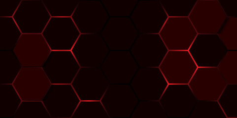 Dark Red Hexagonal Background with Glowing Edges. Futuristic Hexagon Pattern with Red Neon Glow. Hexagon. Vector. 