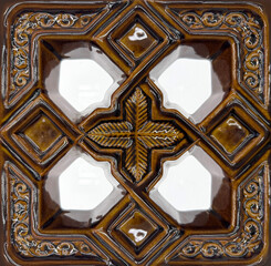 Close up of a molded porcelain molded blocks in middle east floral and ornamental diamond cross...