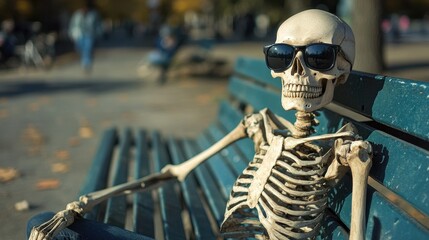 A skeleton relaxing on a bench wearing stylish sunglasses.