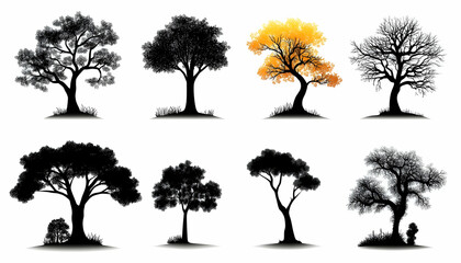 Fototapeta premium Eight diverse tree silhouettes, showcasing various shapes, leaf density, and seasonal variations against a white backdrop