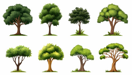 Eight diverse lush green trees isolated on white background