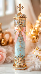 Elegant teal and gold cylindrical container with cross top and pink ribbon