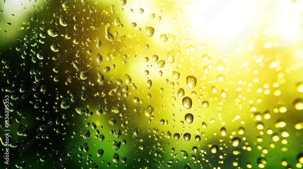 Poster raindrops on glass create a colorful blurred background with sunlight