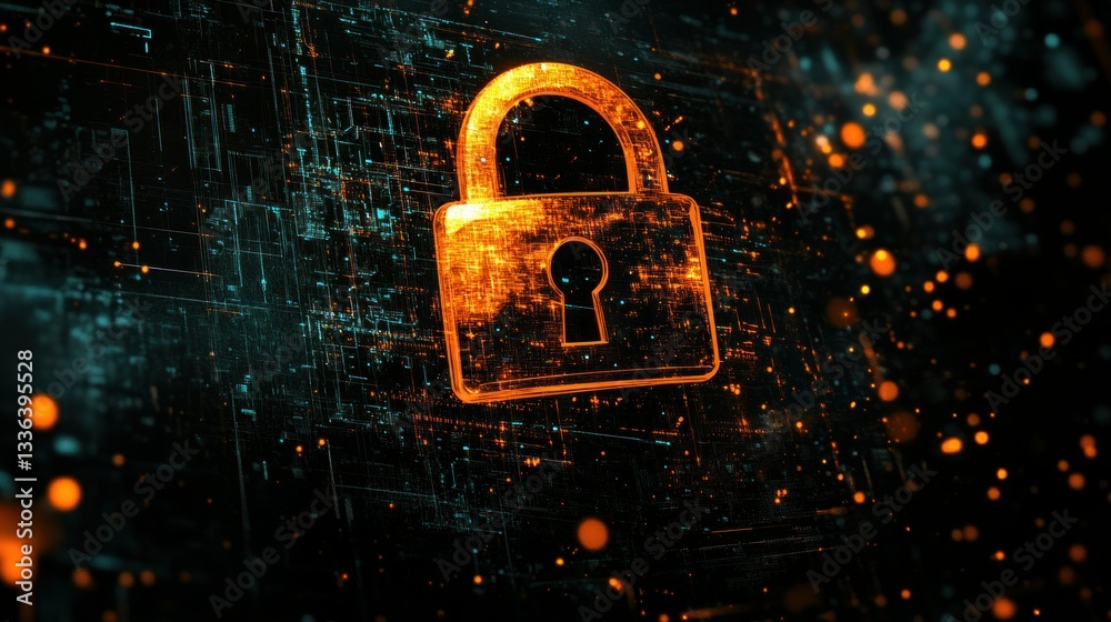 Poster Illuminated digital padlock with a circuit board style background