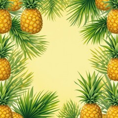 Fototapeta premium Tropical Vector Illustration Pineapples Palm Leaves Soft Yellow Background - Summer Event Promotion Design Copy Space Advertising Social Media